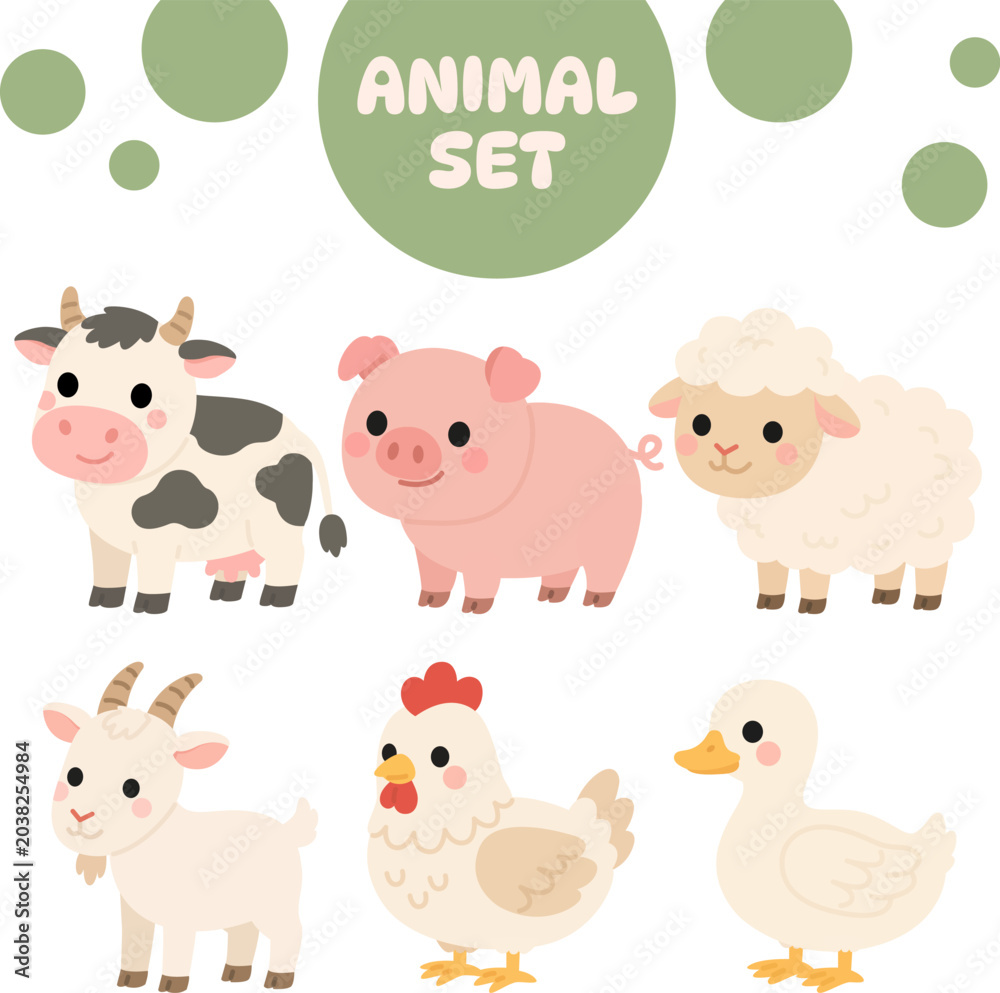 Fototapeta premium Cute Farm Animal Collection Flat Vector Illustration