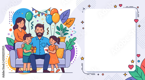 Happy family celebrating a birthday with gifts and balloons