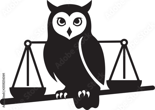 Justice owl, law scales, black silhouette, vector icon, symbol of fairness