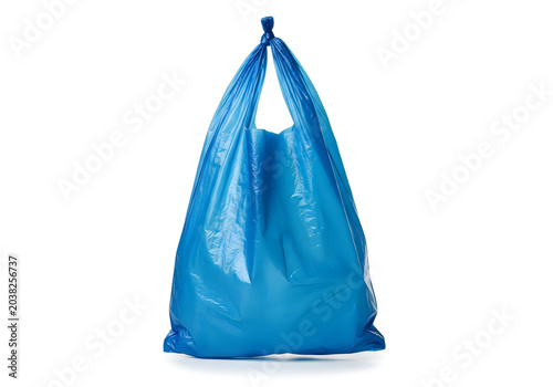 A large blue plastic bag standing upright against a white background