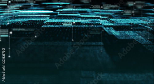 фотографія Futuristic digital landscape with glowing blue circuits and data streams on a da