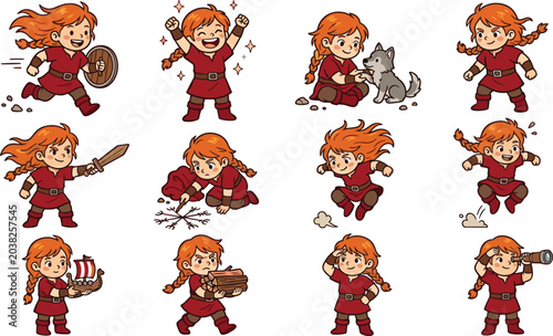 Cute Cartoon Redhead Viking Girl Character in Various Action Poses with Shield Sword Wolf and Longship Medieval Adventure Vector Illustration Set