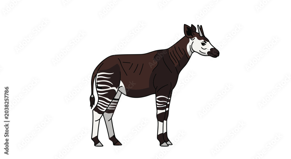 Obraz premium Detailed illustration of an okapi standing sideways showing its unique striped legs and brown body against a white background.