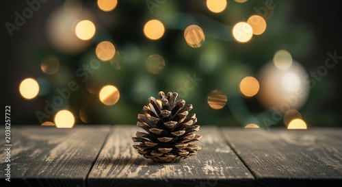 Pinecone on Wooden Table with Blurred Christmas Tree and Bokeh Lights.
