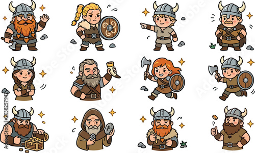 Cute Cartoon Viking Warrior Characters with Horned Helmet Axe Shield Beard and Treasure Chest Norse Medieval Adventure Vector Illustration Set