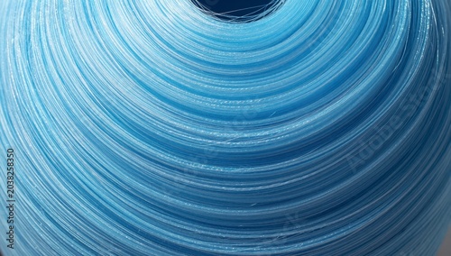 Macro view of translucent blue fiber optic cable coils glowing with soft light in abstract technology background symbolizing high speed data transmission and connectivity