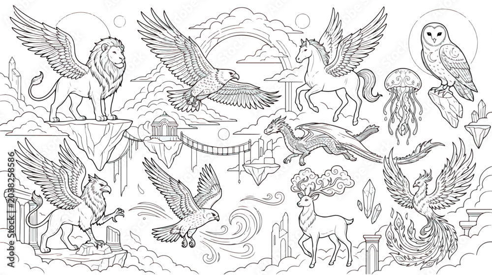 Obraz premium Mythical creatures coloring page vector set, fantasy animals line art collection with dragon and phoenix, magical beast illustrations for kids