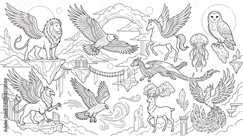 Obraz na plátne Mythical creatures coloring page vector set, fantasy animals line art collection