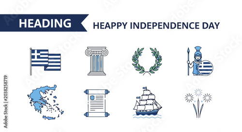 Obraz na płótnie Greece Independence Day icon set, Greek national holiday symbols with flag and m