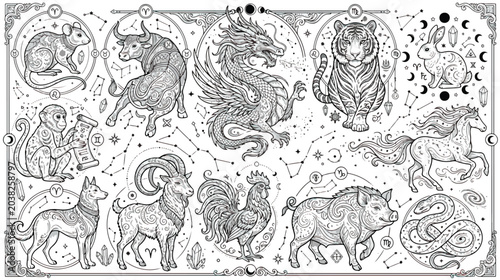 Photos Vintage Chinese zodiac animals vector set, mystical lunar horoscope illustration