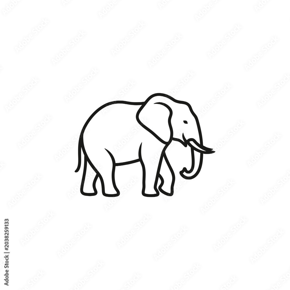 Fototapeta premium Minimalist black outline of a walking elephant with tusks