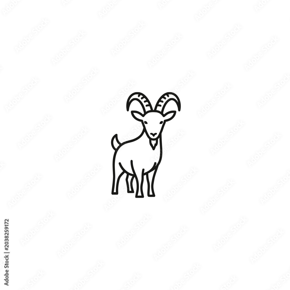 Fototapeta premium Minimalist standing goat icon with curved horns line art