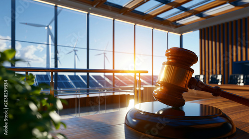 Climate Law Courtroom Concept with Judge Gavel, Solar Panels and Wind Turbines Renewable Energy Background