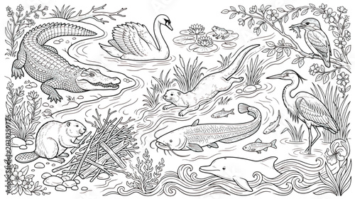 Foto Black and white river animals coloring page vector, wetland wildlife line art il