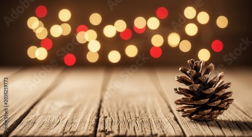 Pinecone on wooden table with blurred festive bokeh lights background.