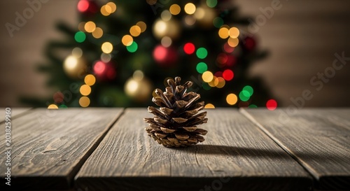 Pinecone on wooden table with blurred Christmas tree bokeh background.