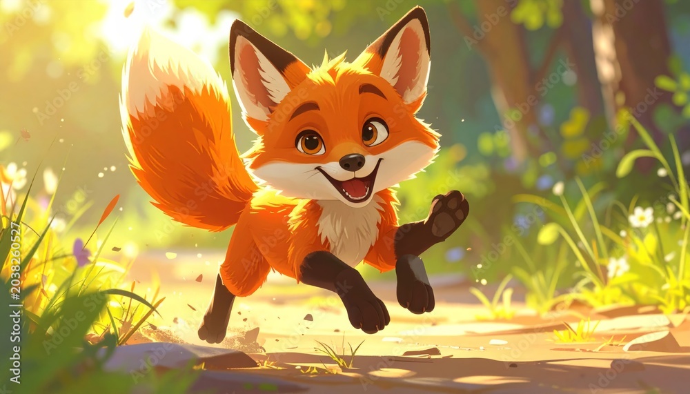 Obraz premium A cartoon orange fox runs happily outdoors.