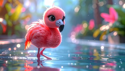 A pink flamingo standing in water.