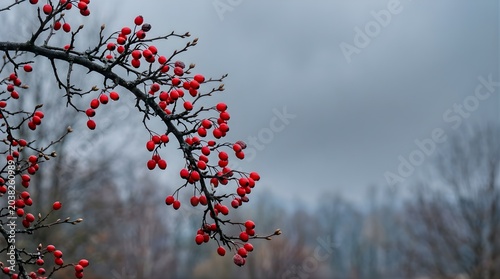 Red hawthorn berries on a bare branch against a cloudy sky in autumn