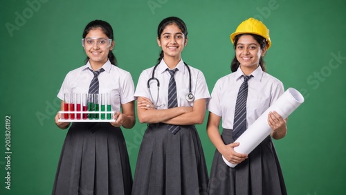 Empowered Indian schoolgirls in uniform pose confidently representing diverse future career paths in science medicine and engineering against a green background