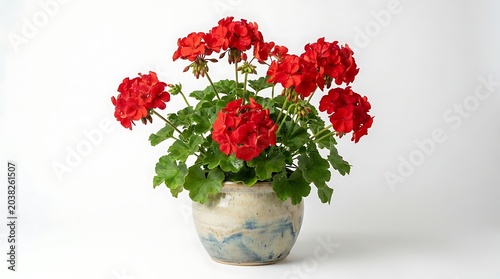 Vibrant red geraniums in ceramic pot against white background