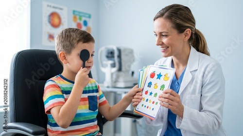 A child is having an eye test at a doctor with fun test cards, realistic, high-quality and detailed photo on an isolated background.