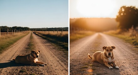 Two photos of a dog lying on a dirt road in the countryside at sunset