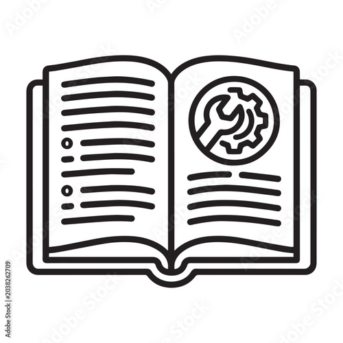 Minimalist Line Art Icon of an Open Book with a Gear and Wrench Symbolizing Technical Manuals, Instruction Guides, and Troubleshooting.