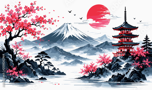 Japanese Landscape with Mount Fuji, Red Sun, Pagoda, and Pink Cherry Blossoms. Beautiful Traditional Oriental Vector Illustration of Sakura Bloom and Scenic Mountains at Sunrise.