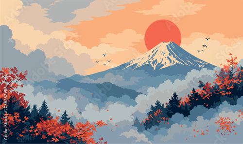Fotografie Stunning vector illustration of Mount Fuji in Japan during a beautiful autumn sunset with a red sun, forested mountains, colorful maple leaves, and misty clouds in the background