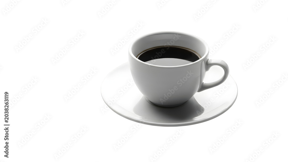 Fototapeta premium White cup of hot black coffee on a saucer isolated on black background
