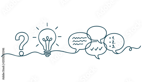 Quick tips concept in one line. Hand-drawn vector with light bulb, question mark, and speech bubbles. Minimalist continuous line drawing. Isolated on white.