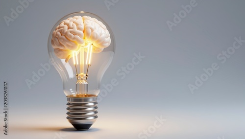 Human brain glowing inside transparent glass light bulb on grey background representing innovation creativity and brilliant ideas for business and education concepts