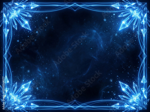 Abstract futuristic blue frame with glowing crystal shapes and cosmic dust.