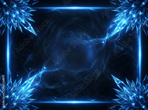 Abstract glowing ice crystal border with nebula and stars background.