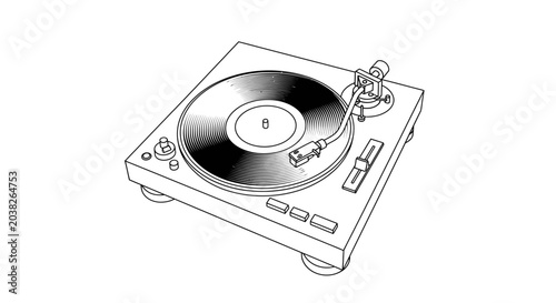 Line art illustration of a classic turntable with vinyl record