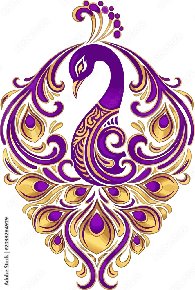 Fototapeta premium Ornate peacock with flowing tail feathers in regal purple and gold patterns during a decorative display isolated on white background