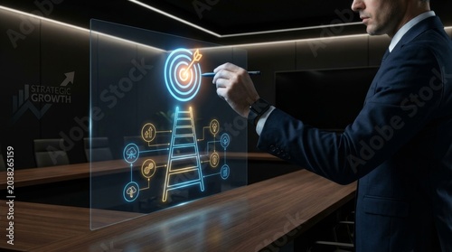 Businessman Drawing Goals on Virtual Target Board in Modern Office