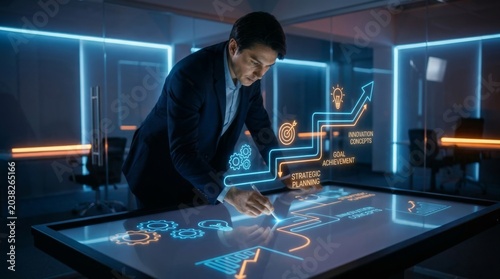 Businessman Engaging with Digital Charts for Strategic Planning Session