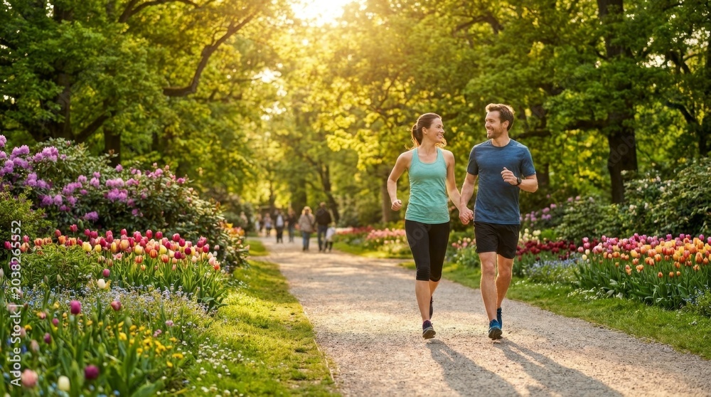 Obraz premium Couple Jogging Together in Scenic Park Surrounded by Colorful Flowers