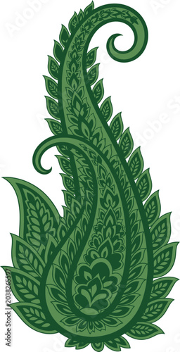 Green paisley motif with intricate detailing during a simple design isolated on white background