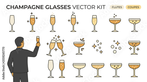 Man in suit making a toast with champagne glass icons set for party celebration