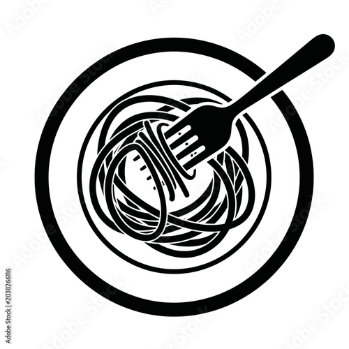 Black and White Icon of Spaghetti with Fork on Plate, Minimalist Food Vector