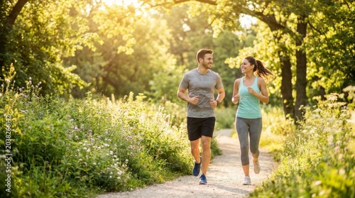 Happy couple jogging together on a sunny day in a green park