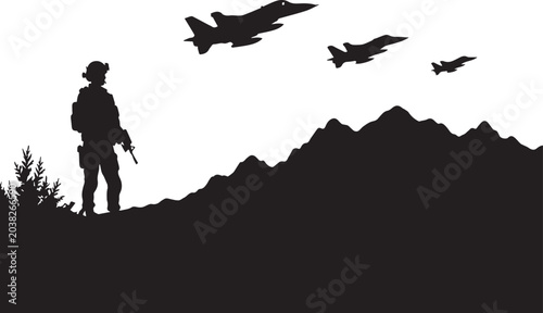 Bild auf Leinwand Patriotic Military Soldier Silhouette Guarding Mountain Terrain with Fighter Jets in the Sky Vector Illustration