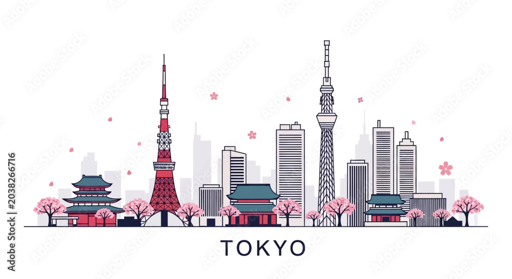 Obraz premium Tokyo Skyline Illustration with Cherry Blossoms and Famous Landmarks
