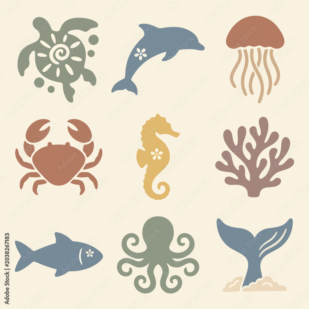 Fototapeta premium Sea creatures icons set illustration.