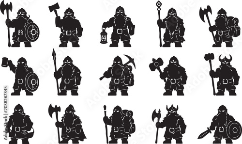 Foto Collection of 15 Fantasy Dwarf Silhouettes for RPG Tabletop Gaming, Featuring Medieval Warriors with Axes, Shields, Hammers, and Mining Gear, Isolated Vector Illustrations for Fantasy Art