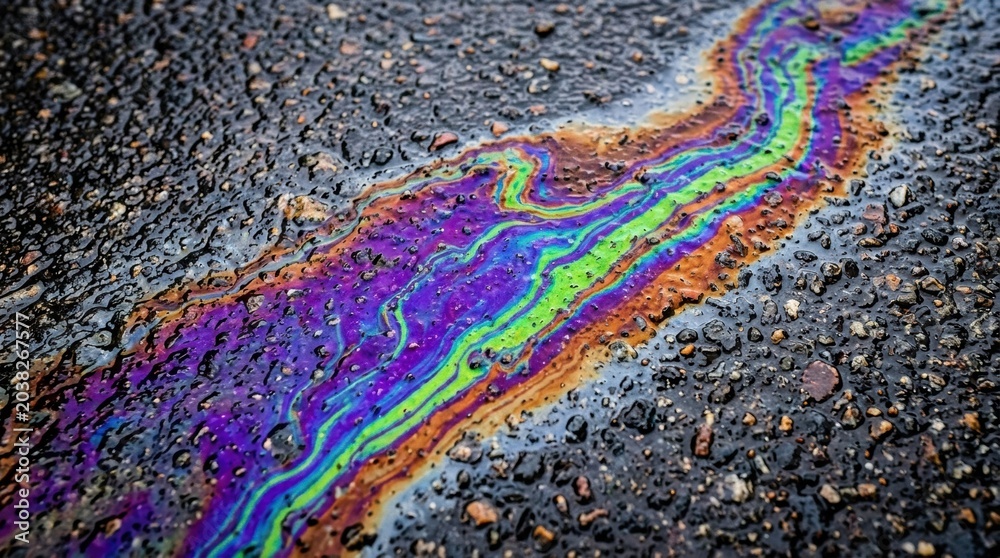 Obraz premium An oil spill on wet ground forms a colorful rainbow pattern. The sunlight reflects off the surface, creating a vibrant visual effect.