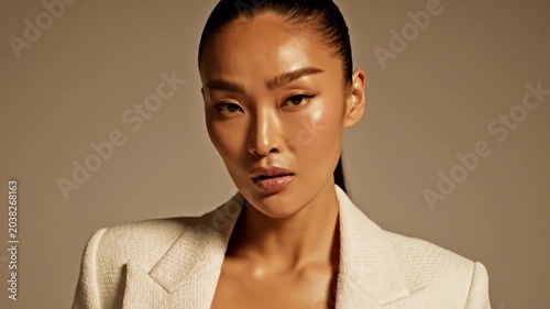 Minimal studio beauty portrait of an Asian woman in textured white blazer with sleek pulled back ponytail, sculpted makeup and warm light, showcasing pony style for long hair with editorial elegance